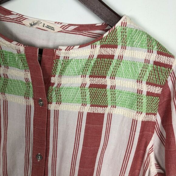 Woolrich Organic Striped Embroidered Button Long Sleeve Tunic Top Women Medium - Picture 2 of 8